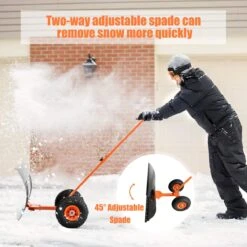 GYMAX Wheeled Snow Pusher, Heavy Duty Rolling Snow Pusher With Anti-Skid Wheels & Adjustable Handle, Driveway Or Pavement Snow Removal Tool -Gardening Tools Shop 715TDOMlRmL